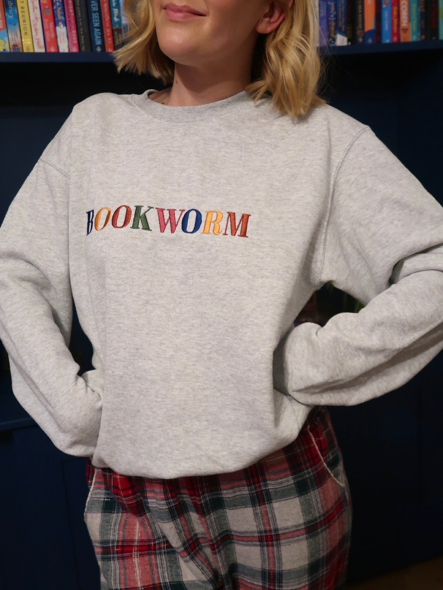 Grey Oversized Embroidered Bookworm Sweater