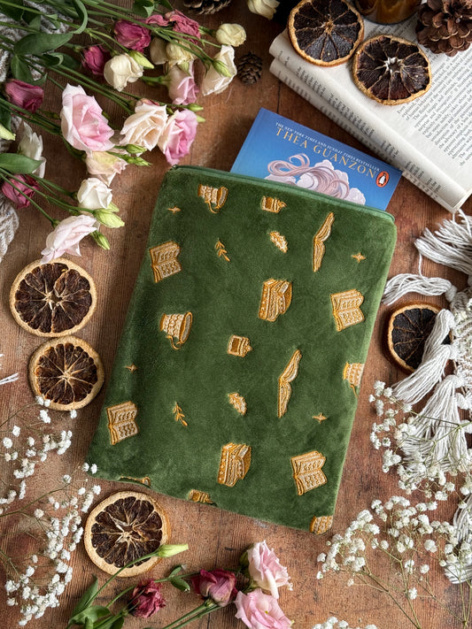 Olive Velvet Book Sleeve - Gold Embroidery