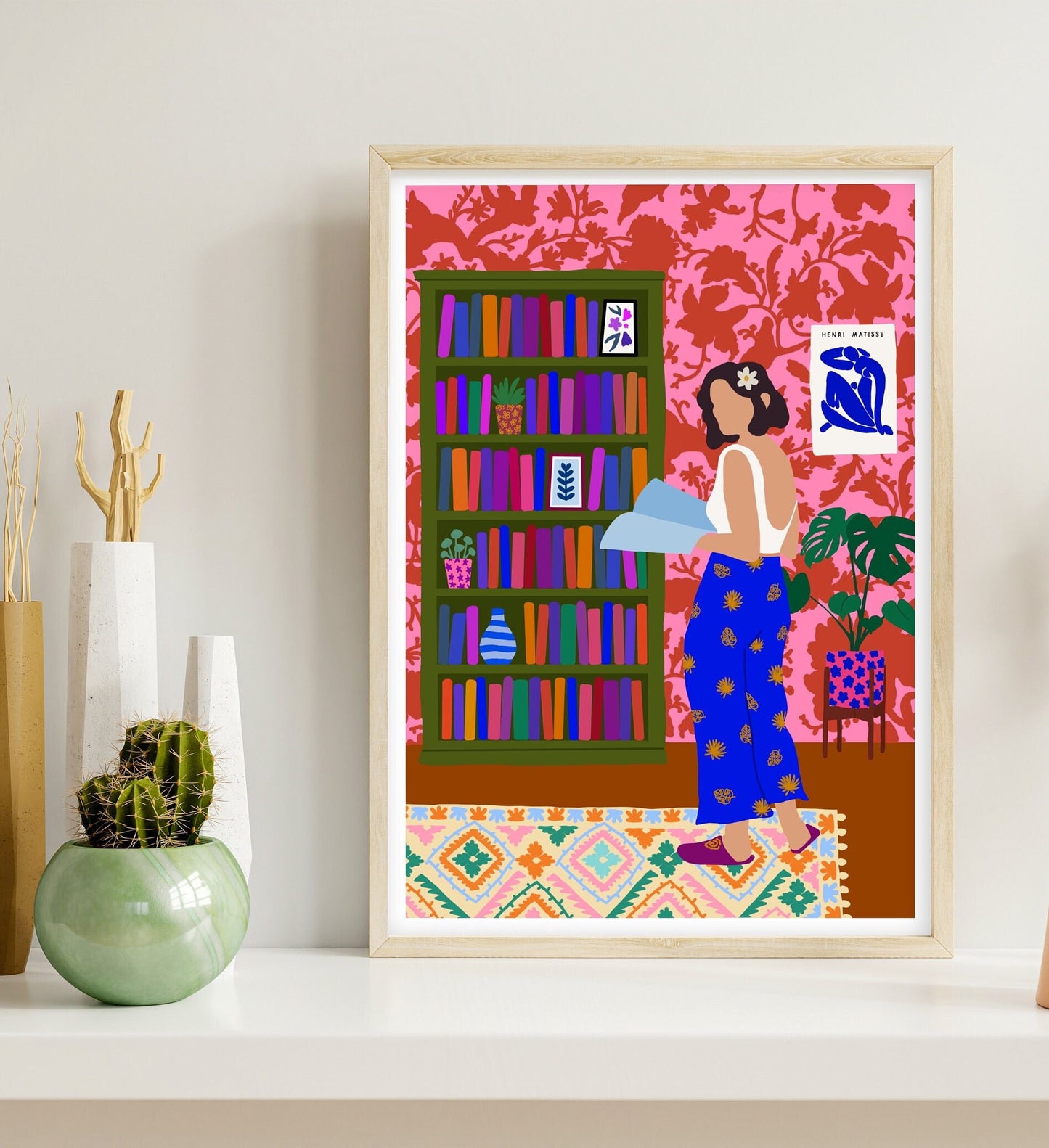 Colourful Woman Print | Patterned Floral Woman Wall Art | Eclectic Print | Bookish Print | Abstract Patterned Woman | Fashion Print